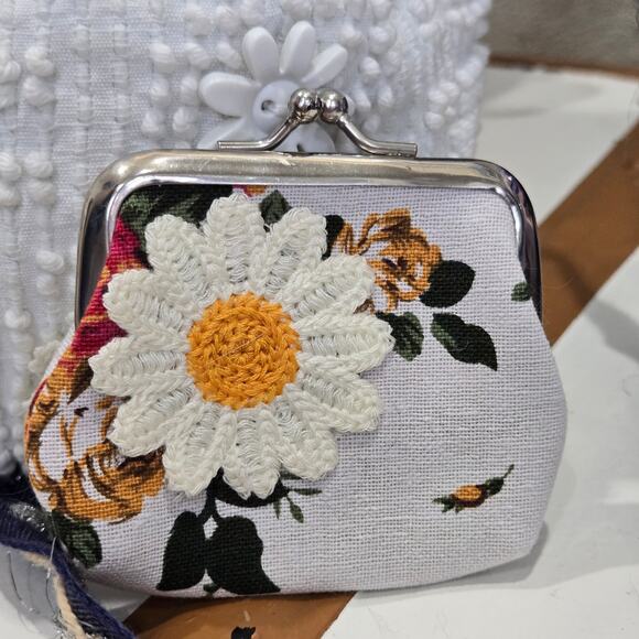 FLR PWR Upcycled Antique Hobnail textured Bedspread bag coin Small blue white - Picture 5 of 17